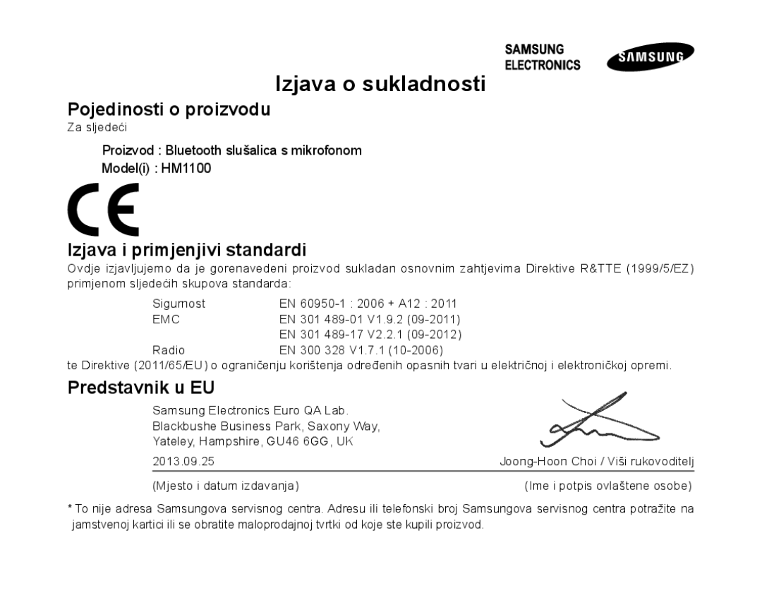 Samsung BHM1100EBEGFOP, BHM1100EBEGXEF, BHM1100NBEGXET manual Pojedinosti o proizvodu, Izjava i primjenjivi standardi 