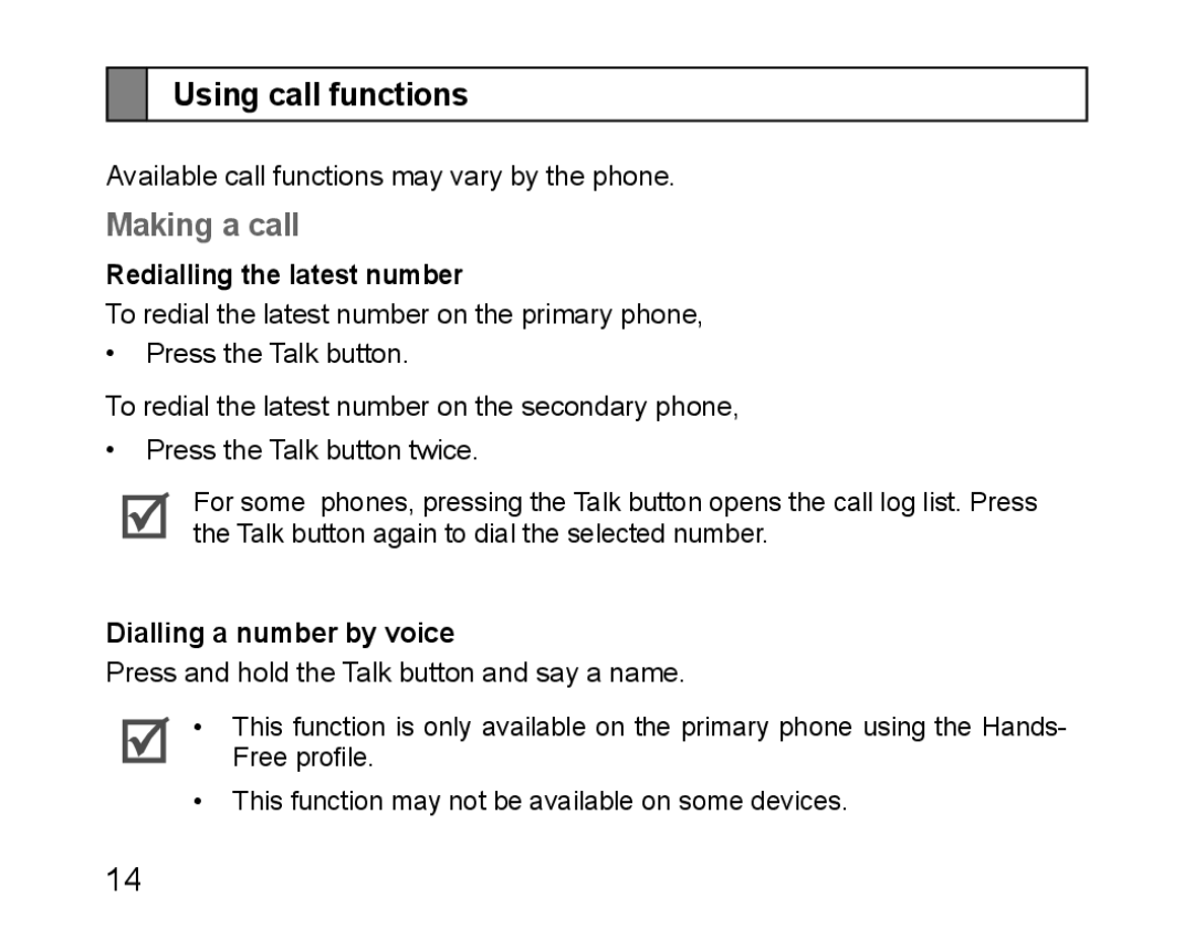 Samsung BHM1100NBEGXET manual Using call functions, Making a call, Redialling the latest number, Dialling a number by voice 