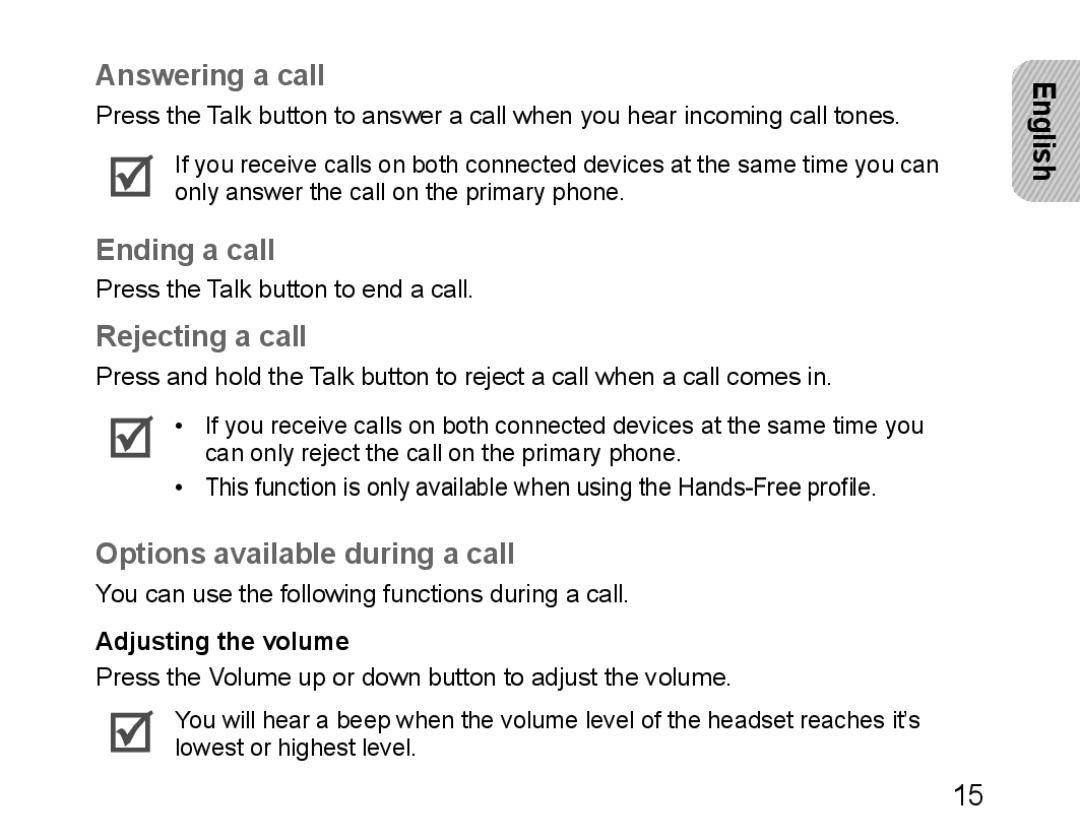 Samsung BHM1100EBEGXET, BHM1100EBEGXEF Answering a call, Ending a call, Rejecting a call, Options available during a call 