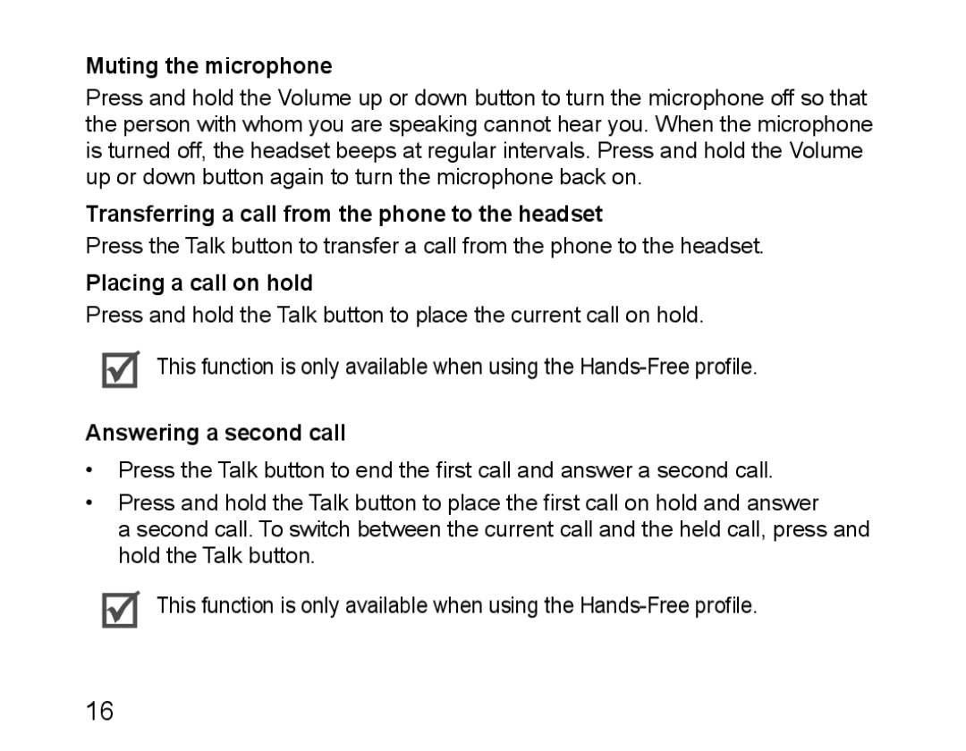 Samsung BHM1100EBEGFOP Muting the microphone, Transferring a call from the phone to the headset, Placing a call on hold 