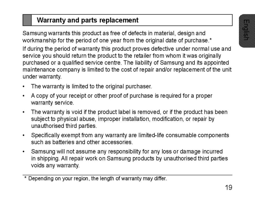 Samsung BHM1100EBEGXEP, BHM1100EBEGXEF, BHM1100NBEGXET, BHM1100EBEGXET, BHM1100EBEGFOP manual Warranty and parts replacement 