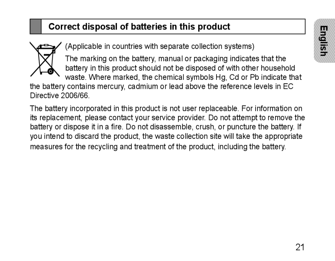 Samsung BHM1100NBEGXEE, BHM1100EBEGXEF, BHM1100NBEGXET, BHM1100EBEGXET manual Correct disposal of batteries in this product 