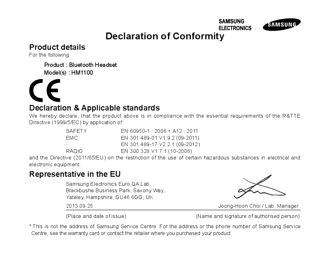 Samsung BHM1100EBEGSEB, BHM1100EBEGXEF manual Product details, Declaration & Applicable standards, Representative in the EU 