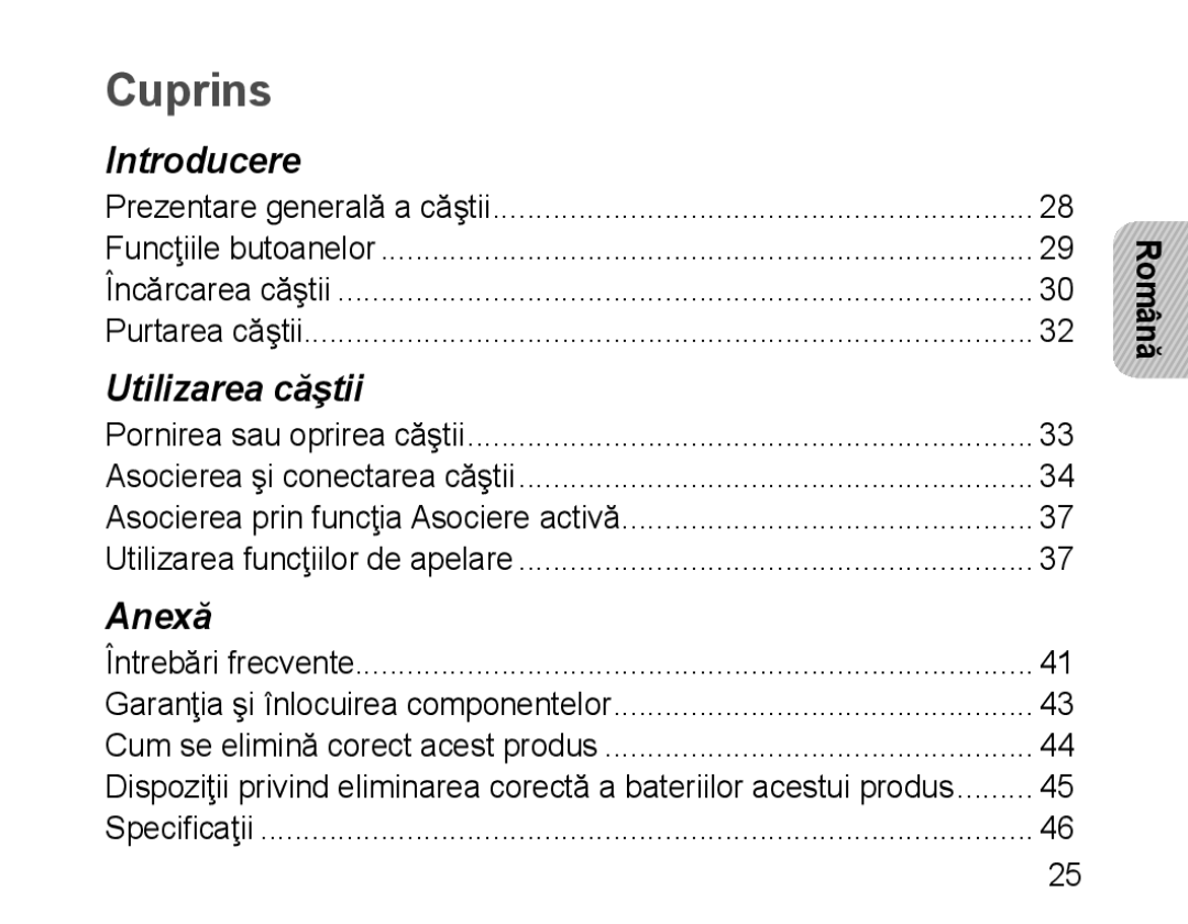 Samsung BHM1100EBEGILO, BHM1100EBEGXEF, BHM1100NBEGXET, BHM1100EBEGXET, BHM1100EBEGFOP, BHM1100EBEGCRO manual Cuprins, Română 