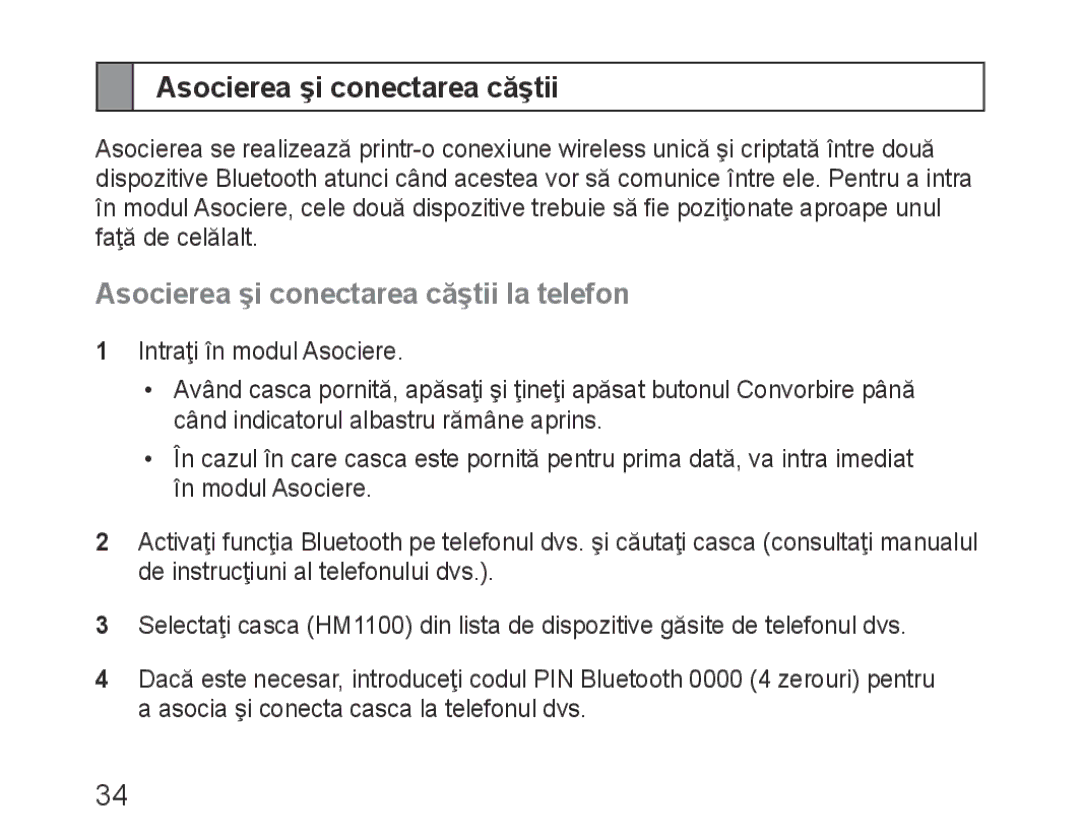 Samsung BHM1100EBEGXEP, BHM1100EBEGXEF, BHM1100NBEGXET, BHM1100EBEGXET manual Asocierea şi conectarea căştii la telefon 