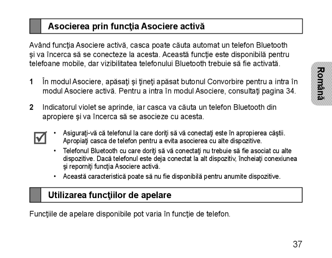 Samsung BHM1100EBEGXEE, BHM1100EBEGXEF manual Asocierea prin funcţia Asociere activă, Utilizarea funcţiilor de apelare 