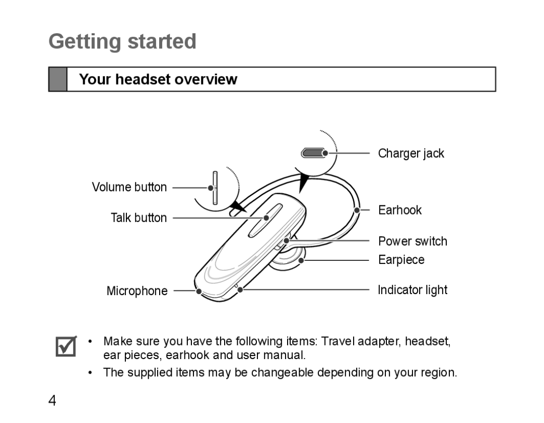 Samsung BHM1100EBEGXEP, BHM1100EBEGXEF, BHM1100NBEGXET, BHM1100EBEGXET, BHM1100EBEGFOP Getting started, Your headset overview 