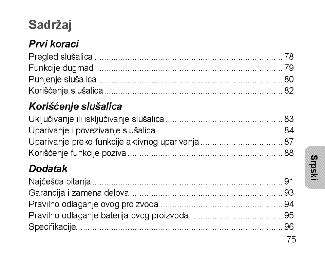 Samsung BHM1100EBEGXET, BHM1100EBEGXEF, BHM1100NBEGXET, BHM1100EBEGFOP, BHM1100EBEGCRO, BHM1100EBEGXEH manual Sadržaj, Srpski 