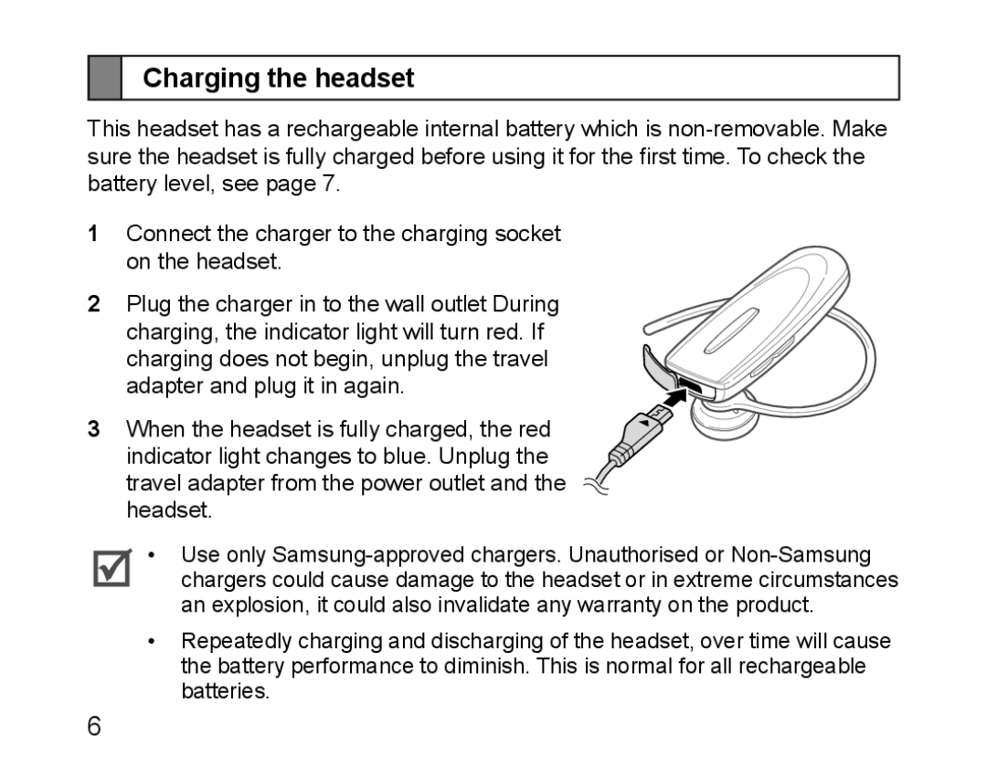 Samsung BHM1100NBEGXEE, BHM1100EBEGXEF, BHM1100NBEGXET, BHM1100EBEGXET, BHM1100EBEGFOP, BHM1100EBEGCRO Charging the headset 