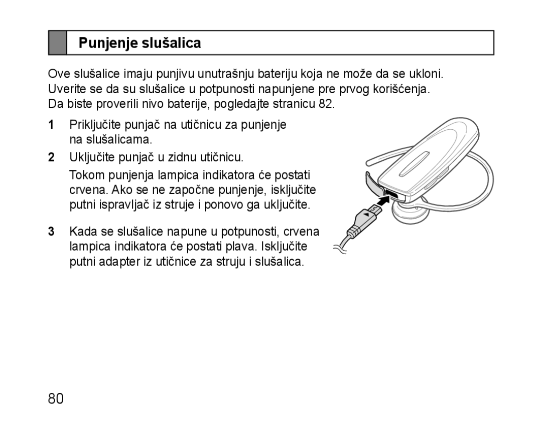 Samsung BHM1100EBEGATO, BHM1100EBEGXEF, BHM1100NBEGXET, BHM1100EBEGXET, BHM1100EBEGFOP, BHM1100EBEGCRO manual Punjenje slušalica 