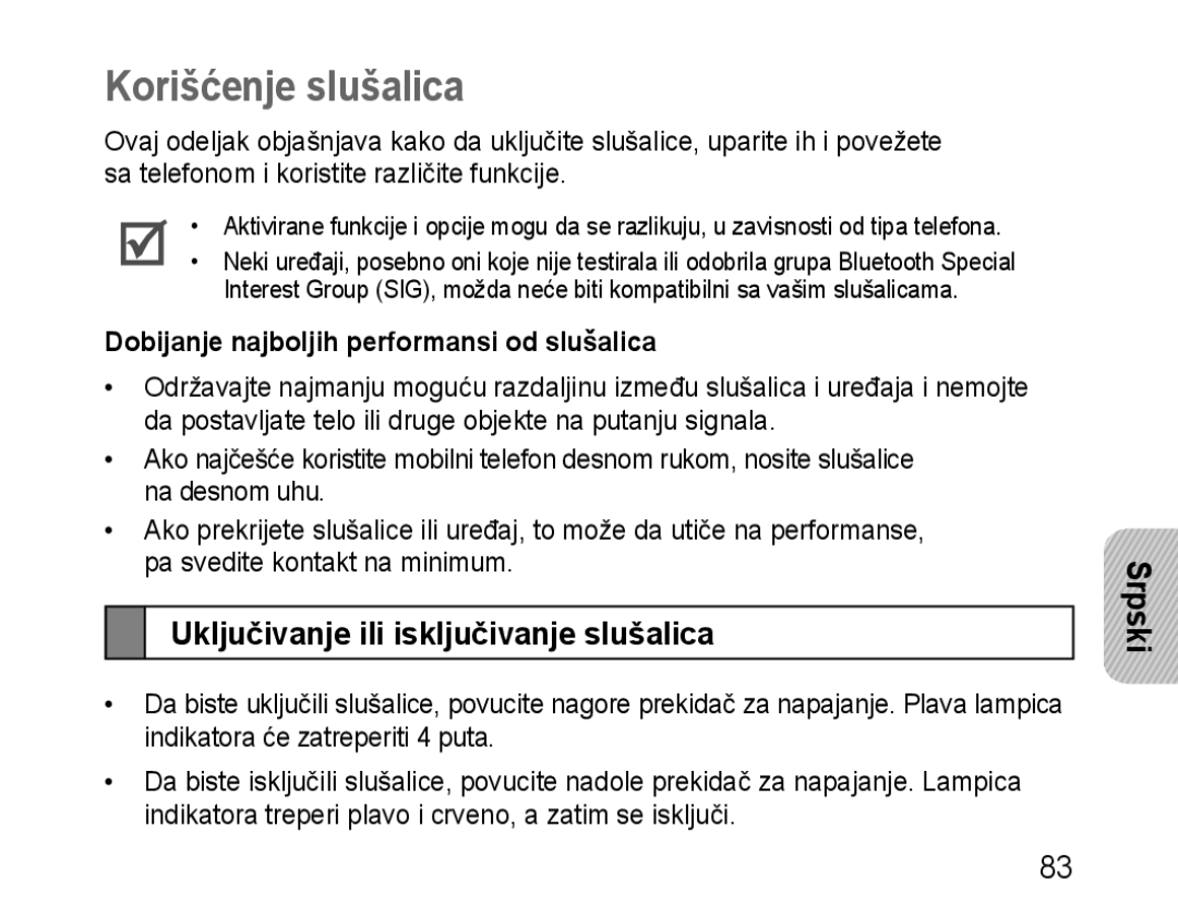 Samsung BHM1100EBEGSEB, BHM1100EBEGXEF, BHM1100NBEGXET manual Korišćenje slušalica, Uključivanje ili isključivanje slušalica 