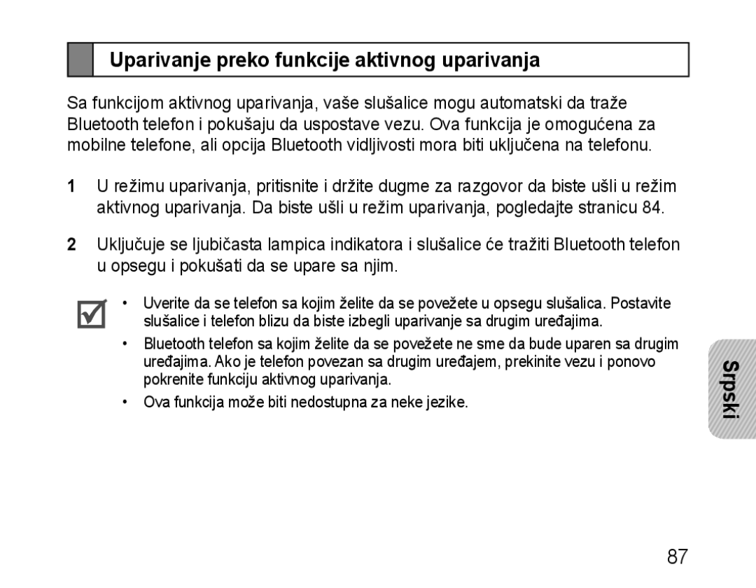 Samsung BHM1100NBEGXEH, BHM1100EBEGXEF, BHM1100NBEGXET, BHM1100EBEGXET manual Uparivanje preko funkcije aktivnog uparivanja 