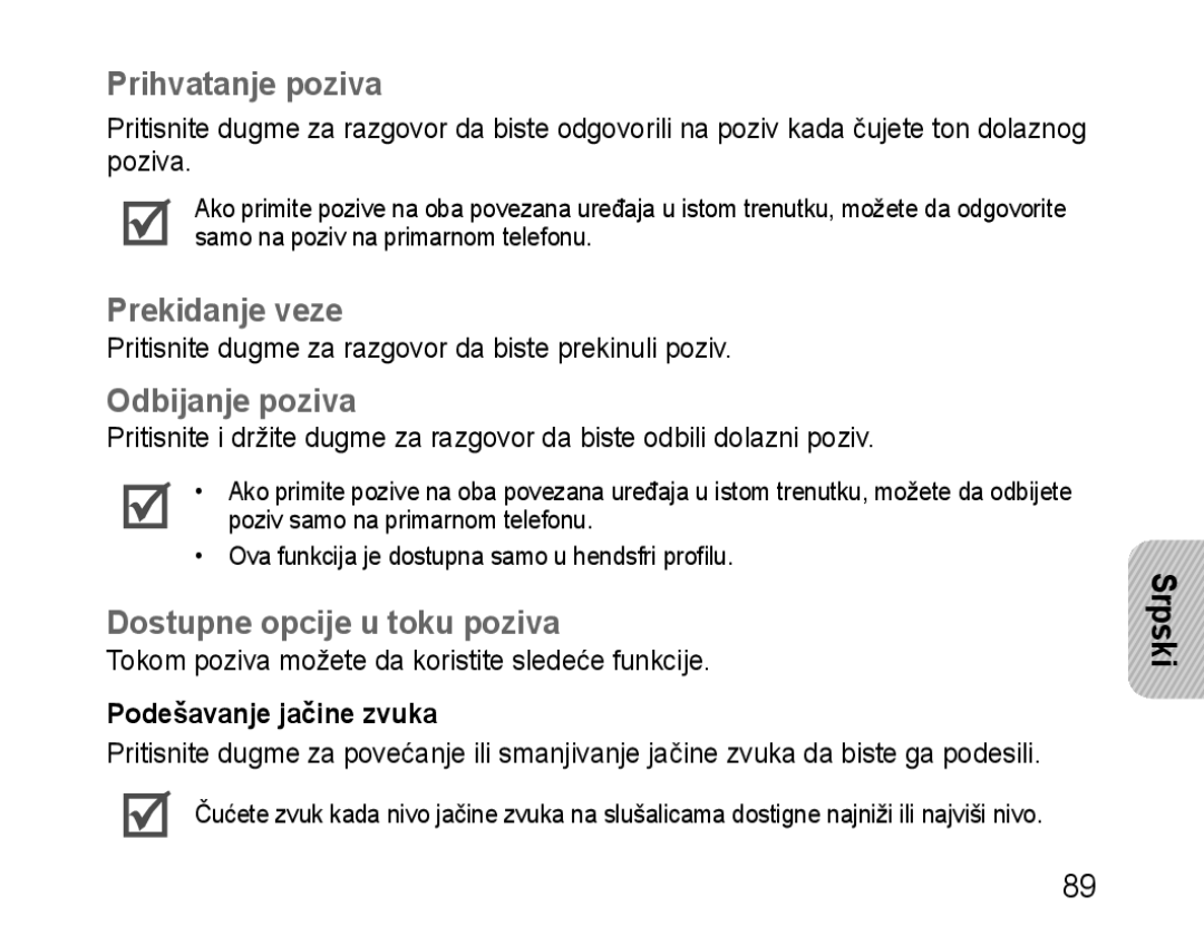 Samsung BHM1100NBEGXET manual Prihvatanje poziva, Prekidanje veze, Odbijanje poziva, Dostupne opcije u toku poziva 