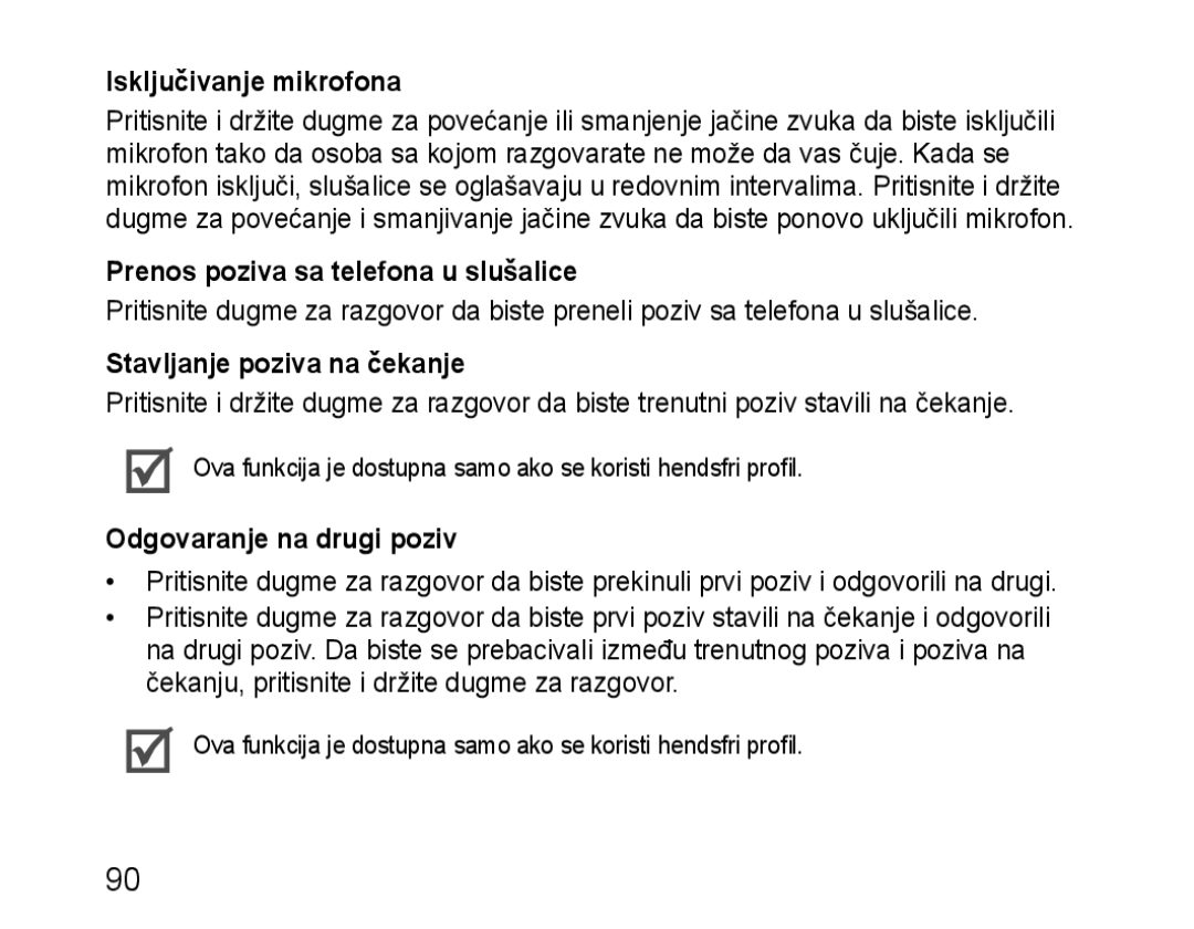 Samsung BHM1100EBEGXET manual Isključivanje mikrofona, Prenos poziva sa telefona u slušalice, Stavljanje poziva na čekanje 