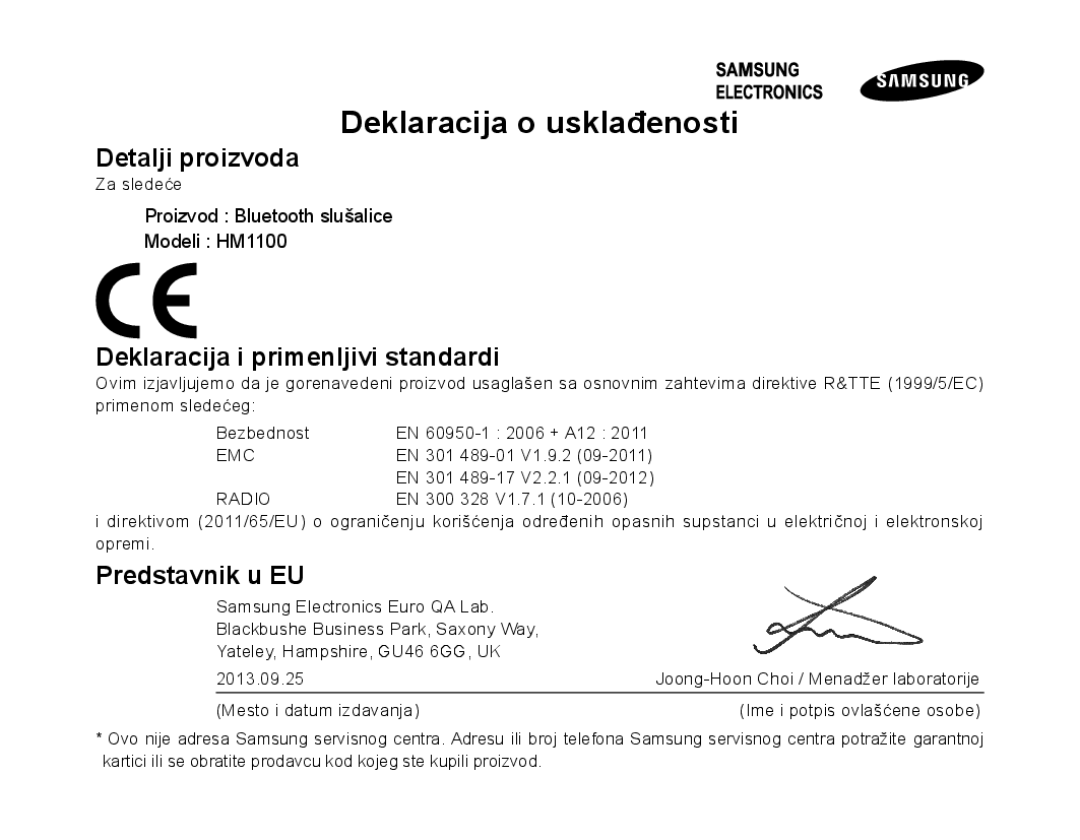 Samsung BHM1100EBEGXEE, BHM1100EBEGXEF manual Detalji proizvoda, Deklaracija i primenljivi standardi, Predstavnik u EU 