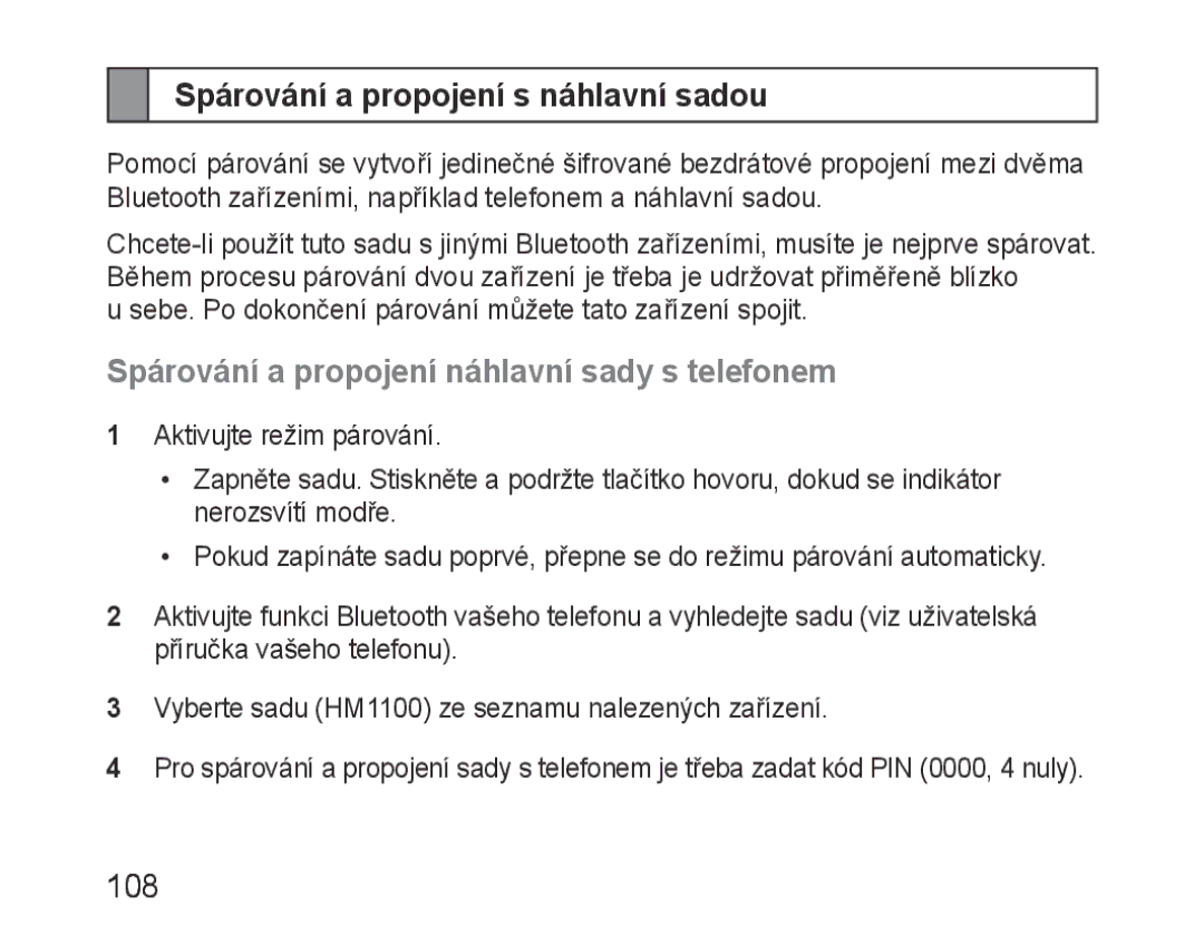 Samsung BHM1100EBEGXEH manual Spárování a propojení s náhlavní sadou, Spárování a propojení náhlavní sady s telefonem 