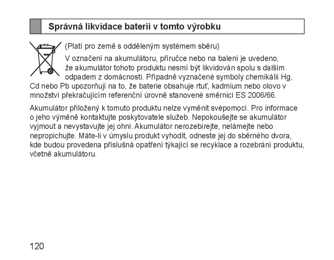 Samsung BHM1100EBEGXET, BHM1100EBEGXEF, BHM1100NBEGXET, BHM1100EBEGFOP manual Správná likvidace baterií v tomto výrobku 