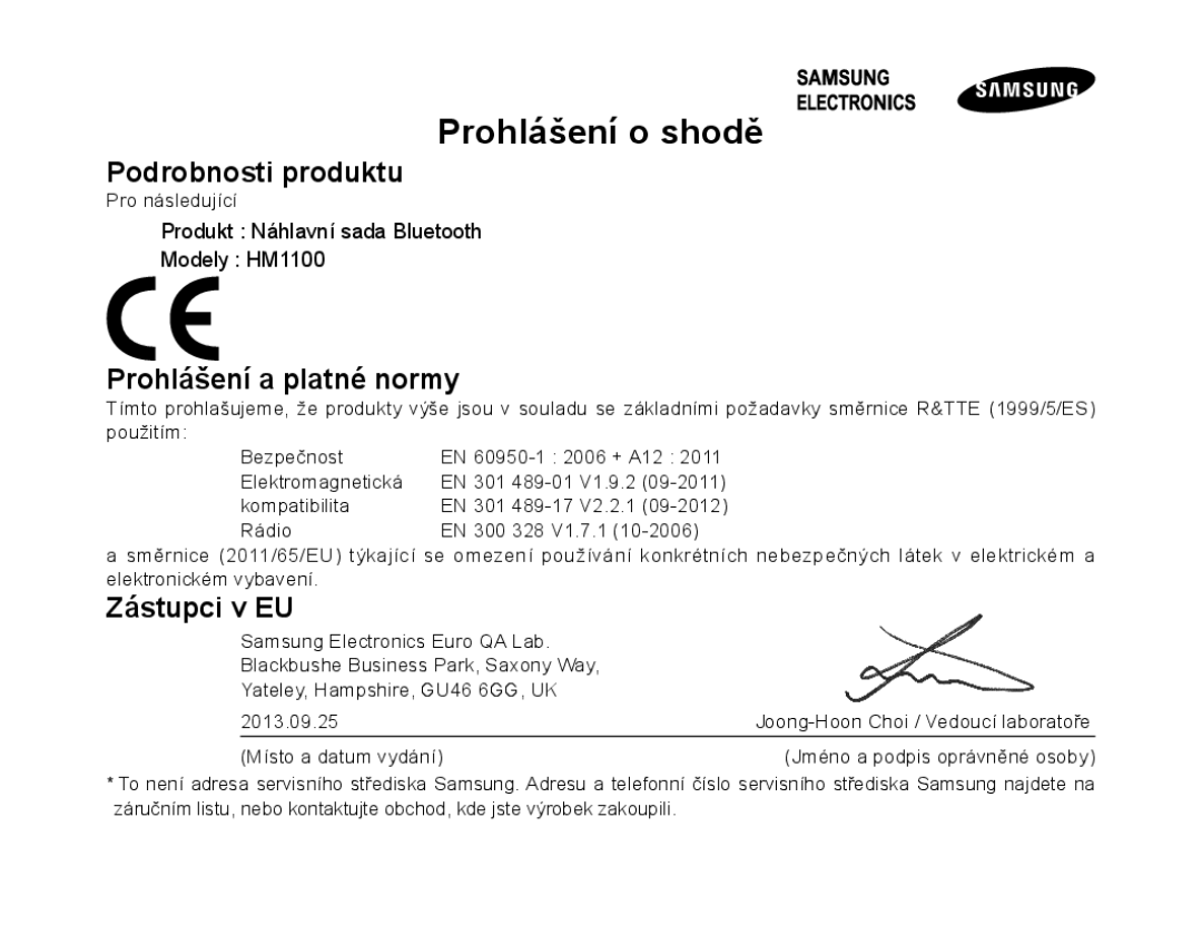 Samsung BHM1100EBEGCRO, BHM1100EBEGXEF, BHM1100NBEGXET manual Podrobnosti produktu, Prohlášení a platné normy, Zástupci v EU 