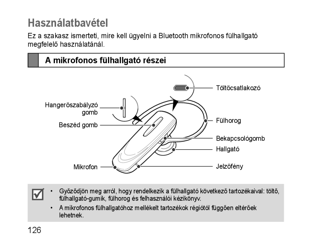 Samsung BHM1100NBEGXEE, BHM1100EBEGXEF, BHM1100NBEGXET, BHM1100EBEGXET manual Használatbavétel, Mikrofonos fülhallgató részei 