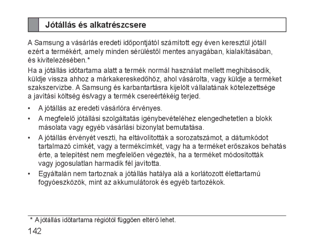 Samsung BHM1100EBEGXEE, BHM1100EBEGXEF, BHM1100NBEGXET, BHM1100EBEGXET, BHM1100EBEGFOP manual Jótállás és alkatrészcsere 