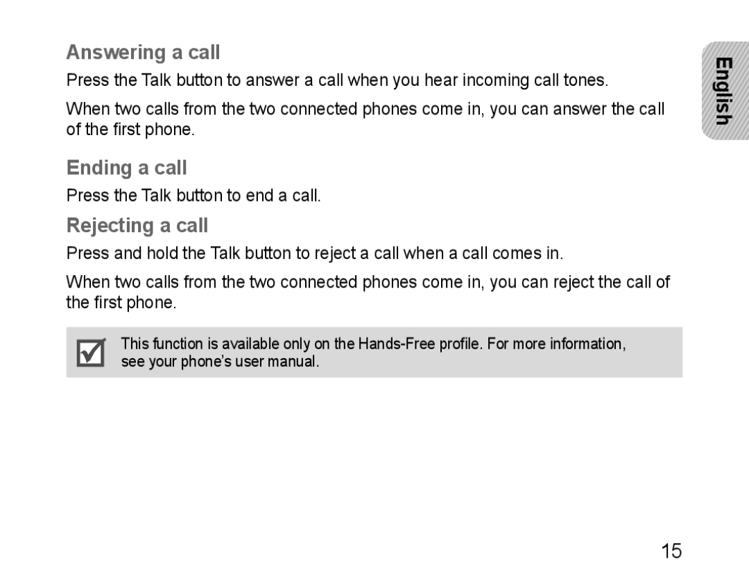 Samsung BHM1100EBEGXET, BHM1100EBEGXEF, BHM1100NBEGXET, BHM1100EBEGFOP Answering a call, Ending a call, Rejecting a call 