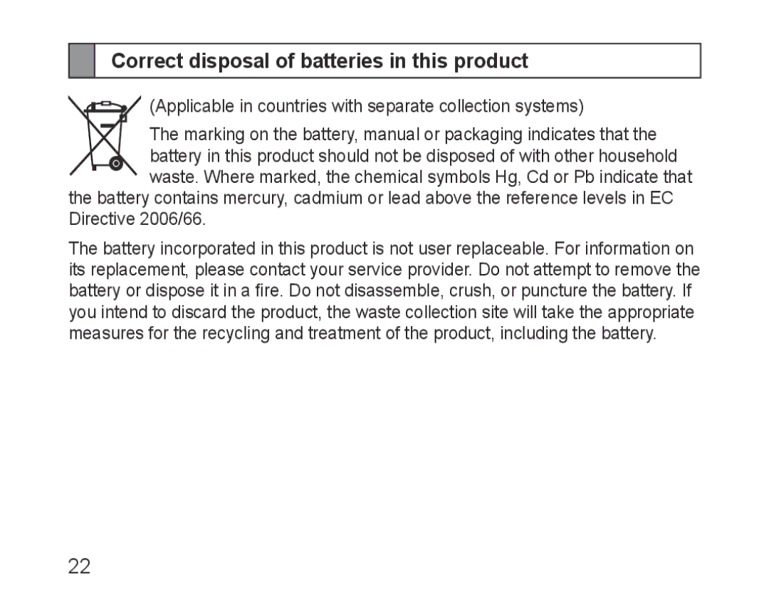 Samsung BHM1100EBEGXEE, BHM1100EBEGXEF, BHM1100NBEGXET, BHM1100EBEGXET manual Correct disposal of batteries in this product 