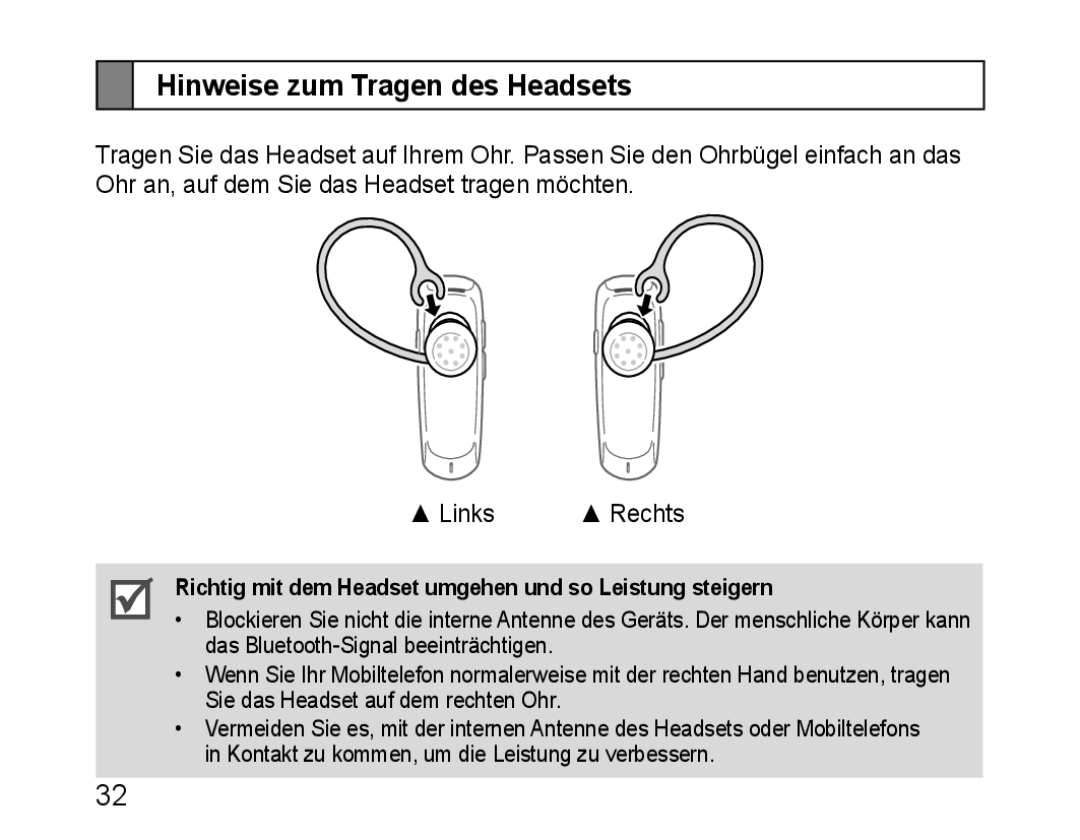 Samsung BHM1100EBEGCRO manual Hinweise zum Tragen des Headsets, Richtig mit dem Headset umgehen und so Leistung steigern 