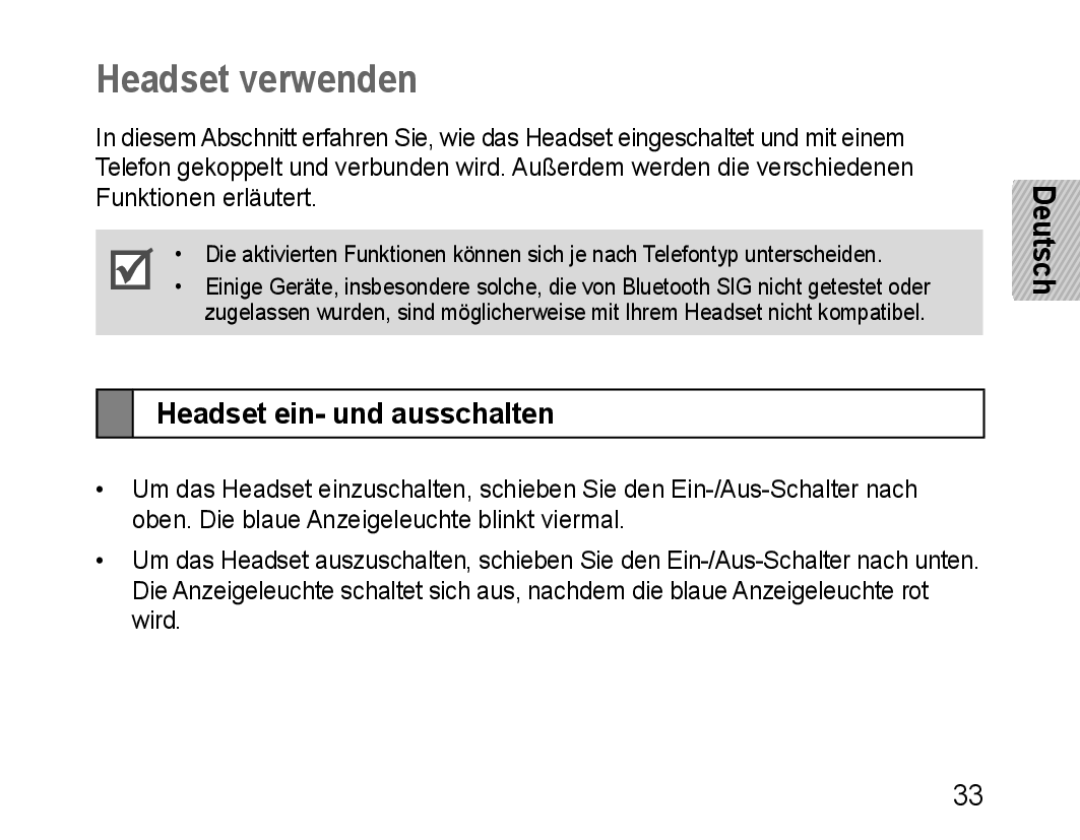 Samsung BHM1100EBEGXEH, BHM1100EBEGXEF, BHM1100NBEGXET, BHM1100EBEGXET manual Headset verwenden, Headset ein- und ausschalten 