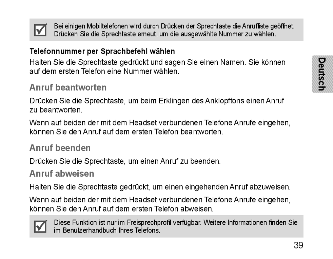 Samsung BHM1100EBEGEUR manual Anruf beantworten, Anruf beenden, Anruf abweisen, Telefonnummer per Sprachbefehl wählen 