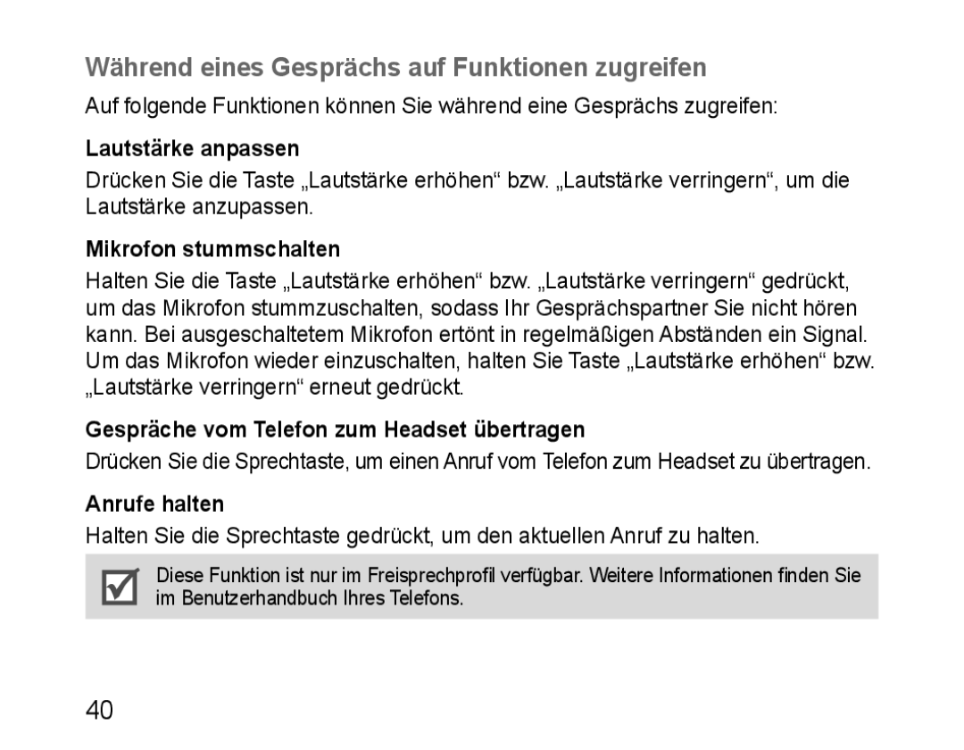 Samsung BHM1100EBEGILO manual Während eines Gesprächs auf Funktionen zugreifen, Lautstärke anpassen, Mikrofon stummschalten 