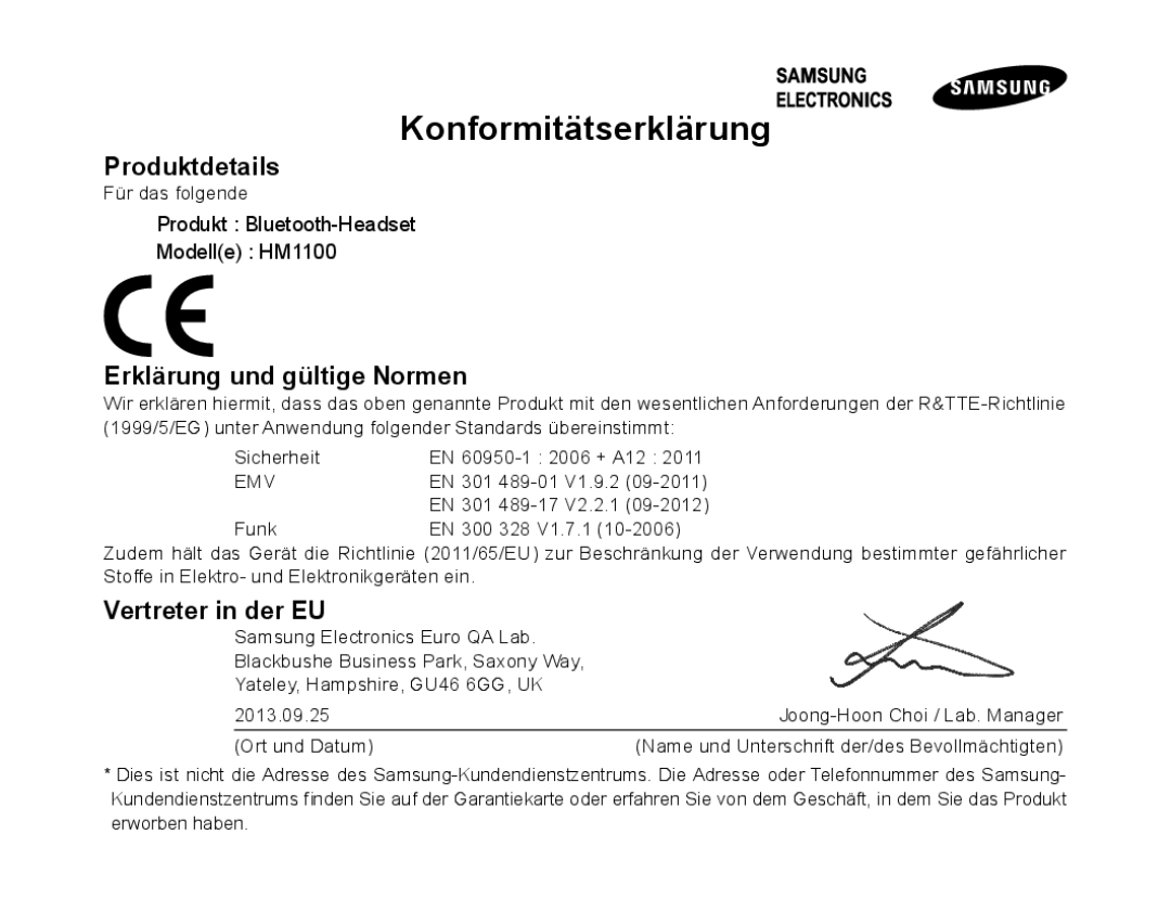 Samsung BHM1100EBEGXEH, BHM1100EBEGXEF, BHM1100NBEGXET, BHM1100EBEGXET, BHM1100EBEGFOP, BHM1100EBEGCRO Konformitätserklärung 