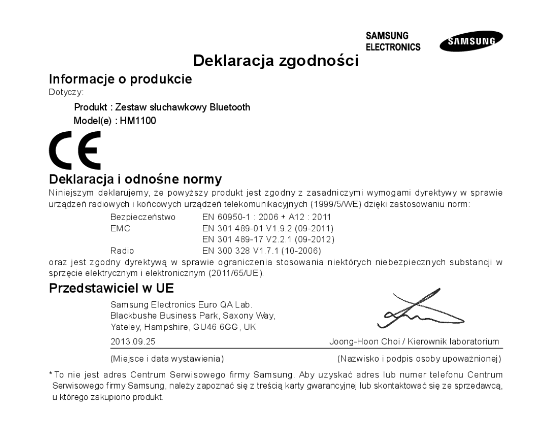 Samsung BHM1100EBEGXEF, BHM1100NBEGXET manual Informacje o produkcie, Deklaracja i odnośne normy, Przedstawiciel w UE 