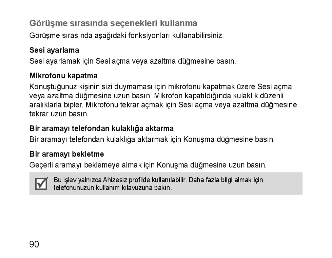 Samsung BHM1100EBEGXET Görüşme sırasında seçenekleri kullanma, Sesi ayarlama, Mikrofonu kapatma, Bir aramayı bekletme 