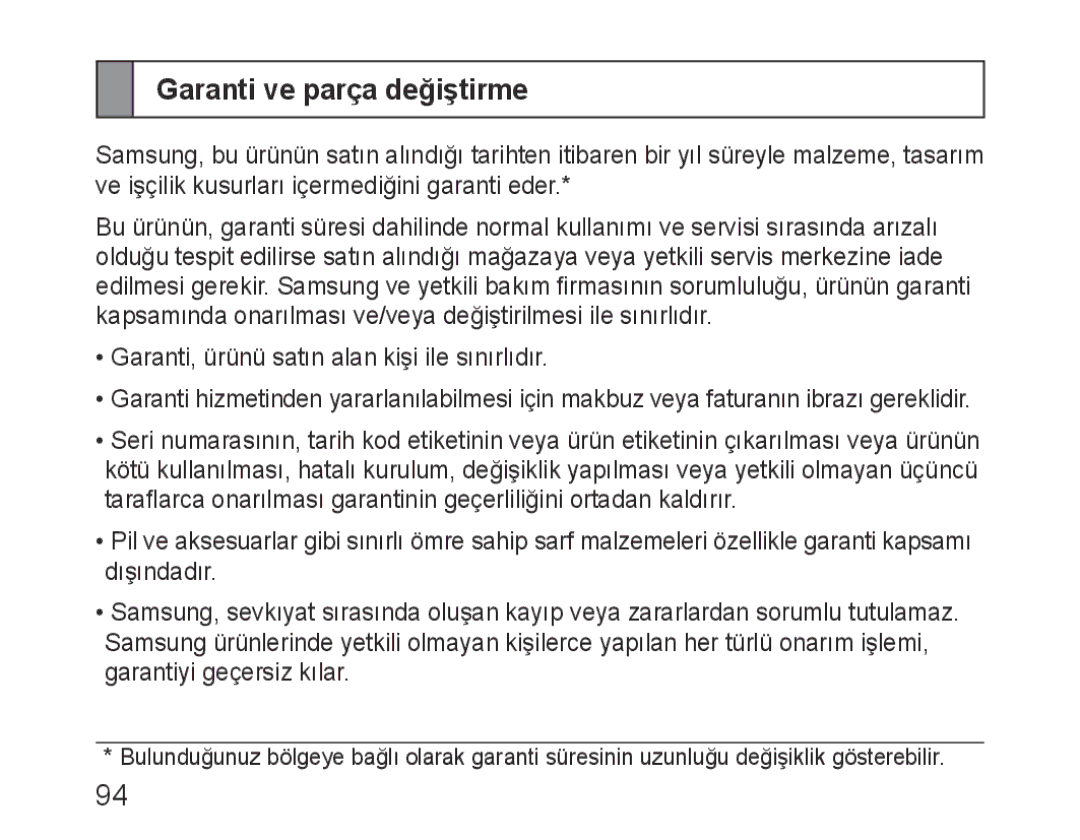 Samsung BHM1100EBEGXEP, BHM1100EBEGXEF, BHM1100NBEGXET, BHM1100EBEGXET, BHM1100EBEGFOP manual Garanti ve parça değiştirme 