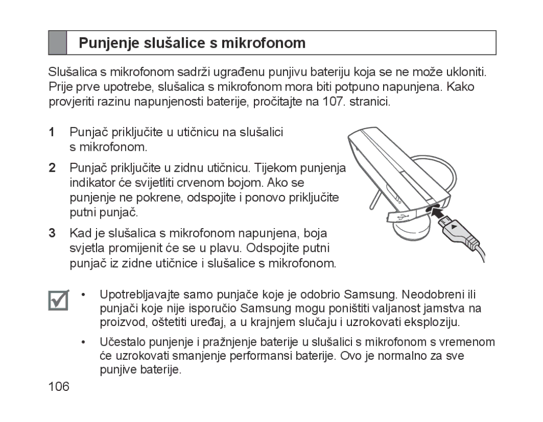 Samsung BHM1200EBEGXEF, BHM1200EBEGXET, BHM1200EBEGXEH, BHM1200EBEGEUR, BHM1200EBEGXEB manual Punjenje slušalice s mikrofonom 