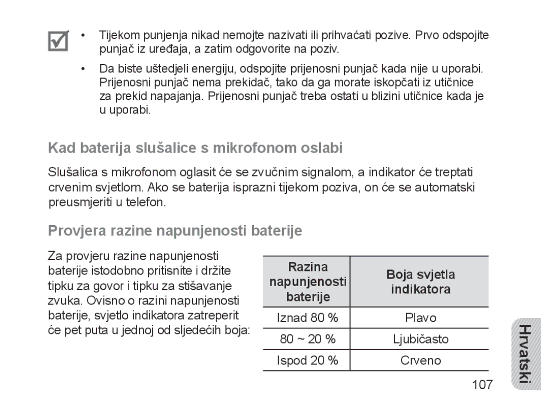 Samsung BHM1200EBEGXET, BHM1200EBEGXEF Kad baterija slušalice s mikrofonom oslabi, Provjera razine napunjenosti baterije 