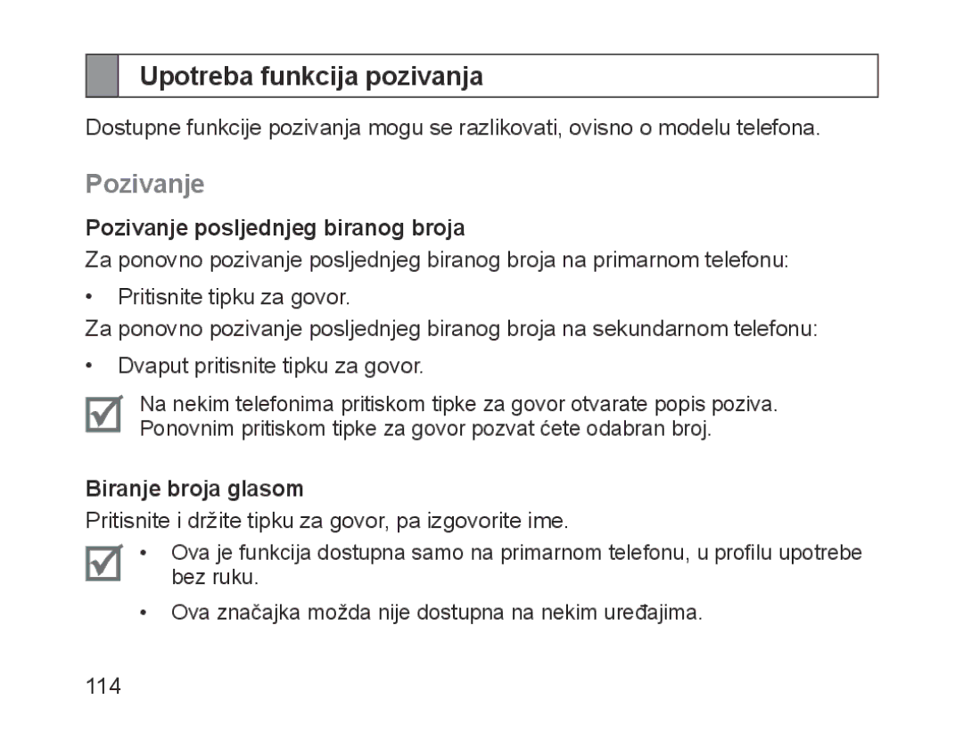 Samsung BHM1200EBRGSER, BHM1200EBEGXEF, BHM1200EBEGXET Upotreba funkcija pozivanja, Pozivanje posljednjeg biranog broja 