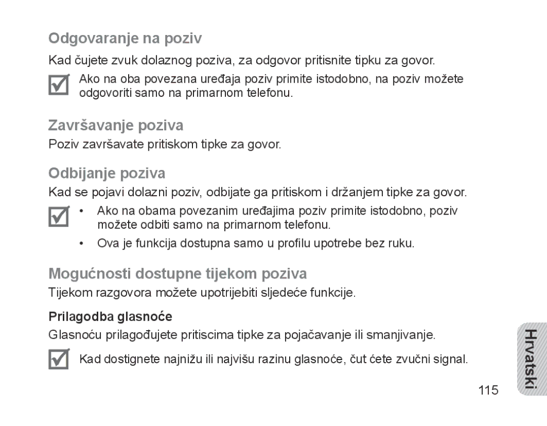 Samsung BHM1200EBEGXEF, BHM1200EBEGXET manual Odgovaranje na poziv, Završavanje poziva, Mogućnosti dostupne tijekom poziva 