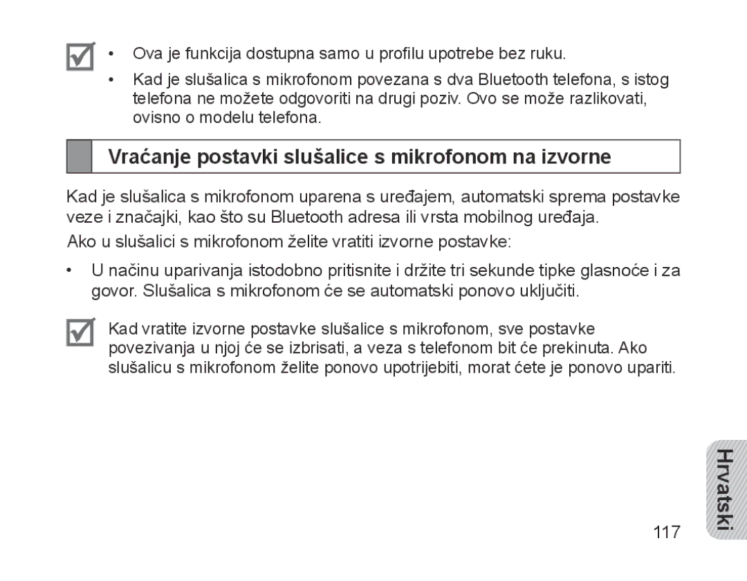 Samsung BHM1200EBEGXEH, BHM1200EBEGXEF, BHM1200EBEGXET, BHM1200EBEGEUR Vraćanje postavki slušalice s mikrofonom na izvorne 