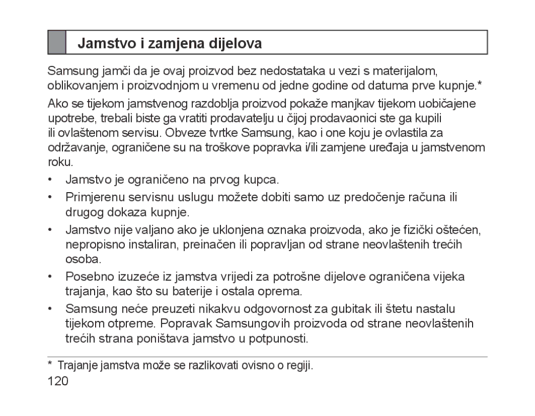 Samsung BHM1200NBEBHAT, BHM1200EBEGXEF, BHM1200EBEGXET, BHM1200EBEGXEH, BHM1200EBEGEUR manual Jamstvo i zamjena dijelova 