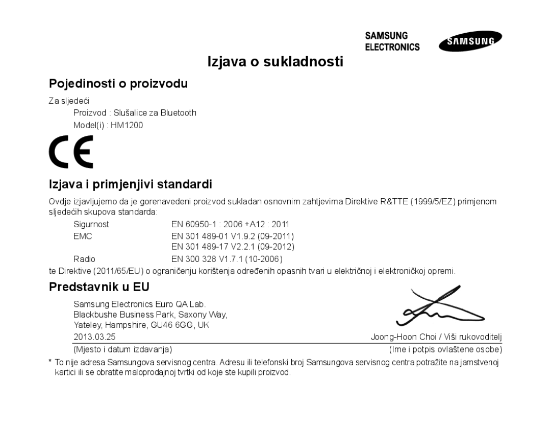 Samsung BHM1200EBEGXEF, BHM1200EBEGXET manual Izjava o sukladnosti, Pojedinosti o proizvodu, Izjava i primjenjivi standardi 