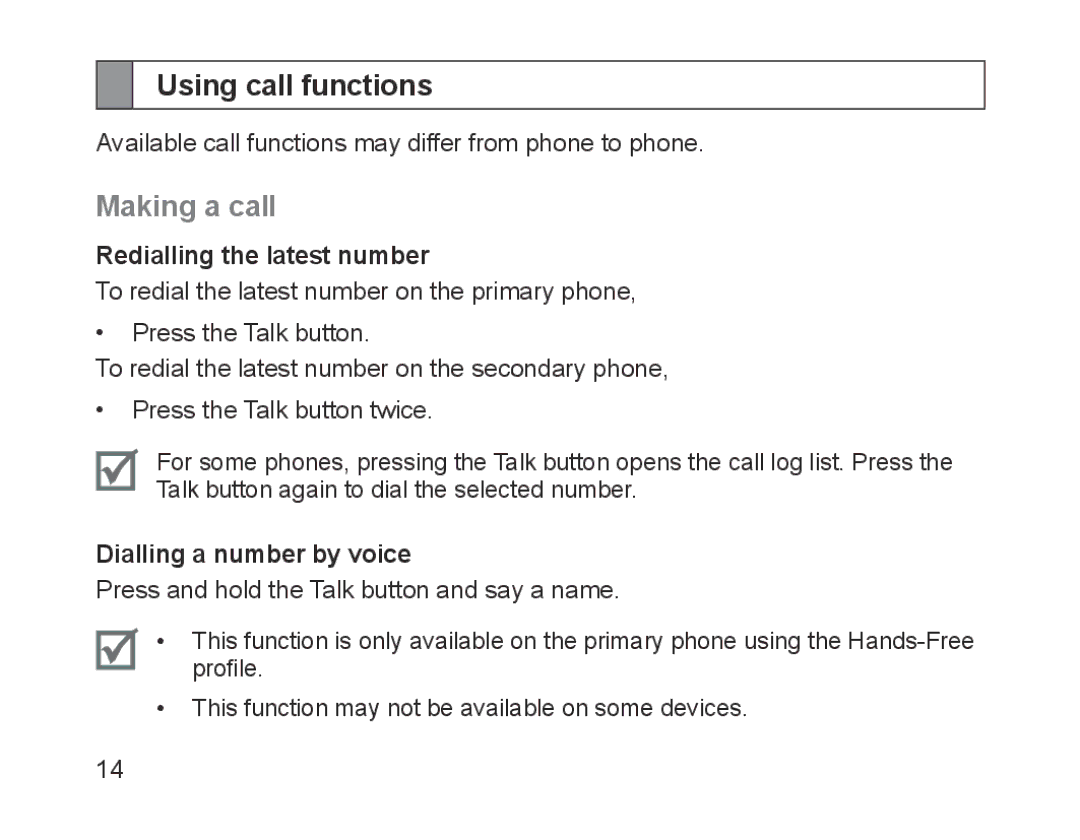 Samsung BHM1200EBEGHAT manual Using call functions, Making a call, Redialling the latest number, Dialling a number by voice 