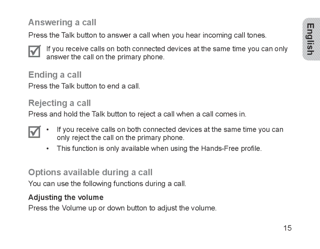 Samsung BHM1200EBRGSER, BHM1200EBEGXEF Answering a call, Ending a call, Rejecting a call, Options available during a call 