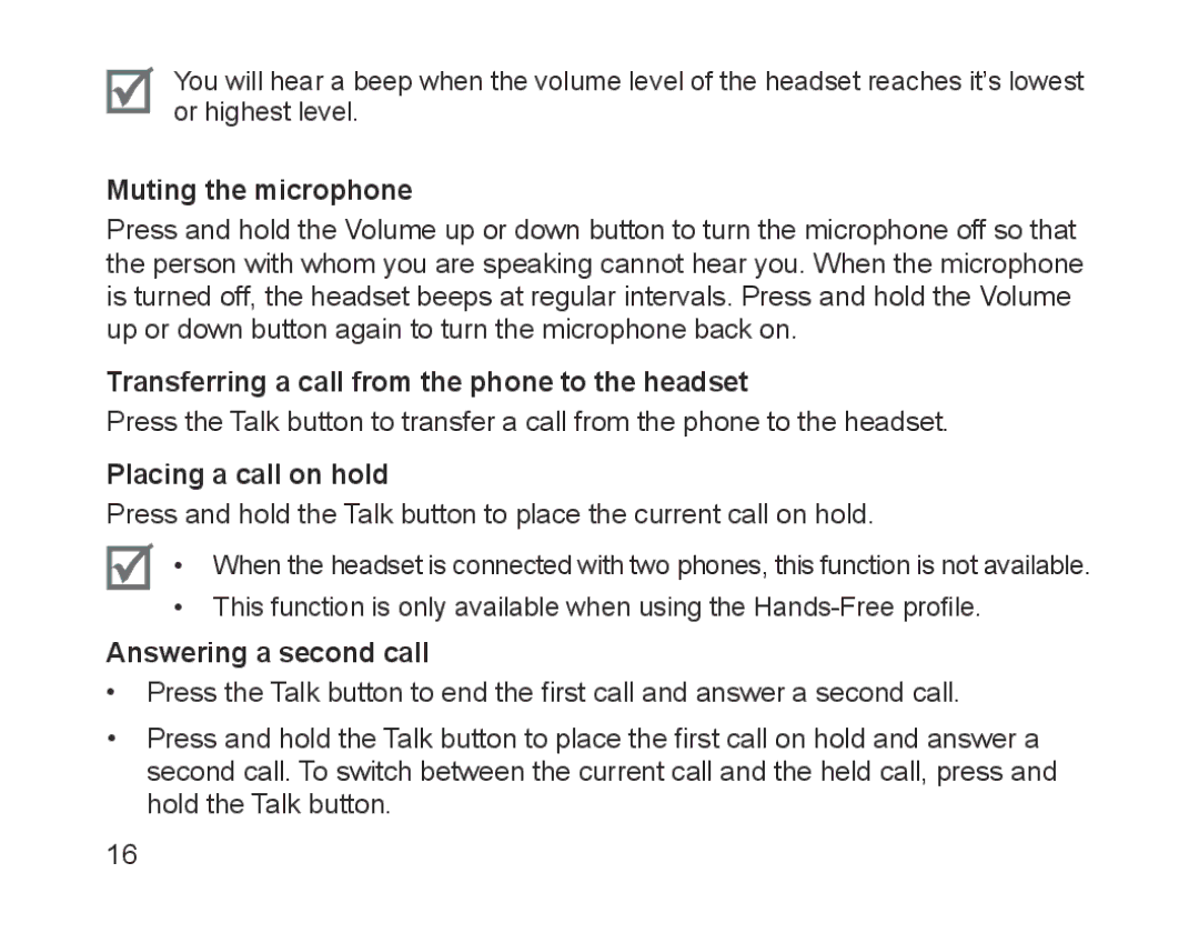 Samsung BHM1200EBEGXEF Muting the microphone, Transferring a call from the phone to the headset, Placing a call on hold 