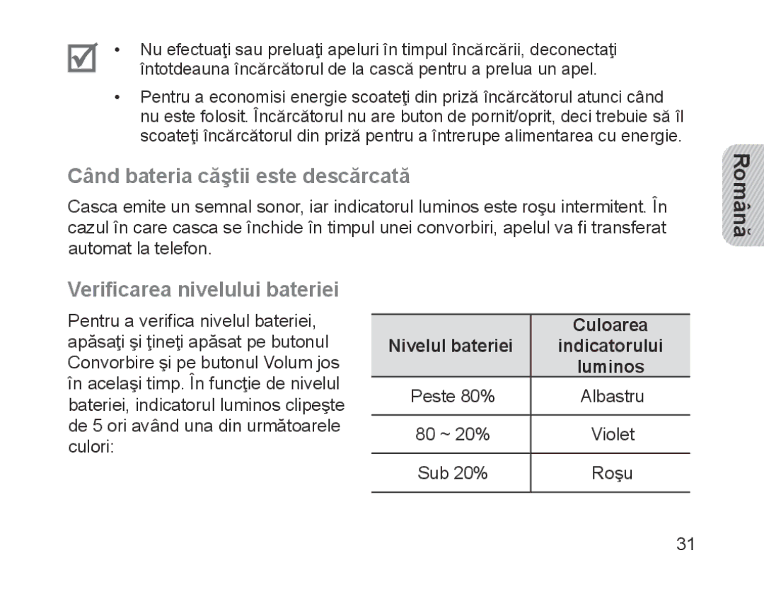 Samsung BHM1200NBEGATO, BHM1200EBEGXEF manual Când bateria căştii este descărcată, Verificarea nivelului bateriei, Culoarea 