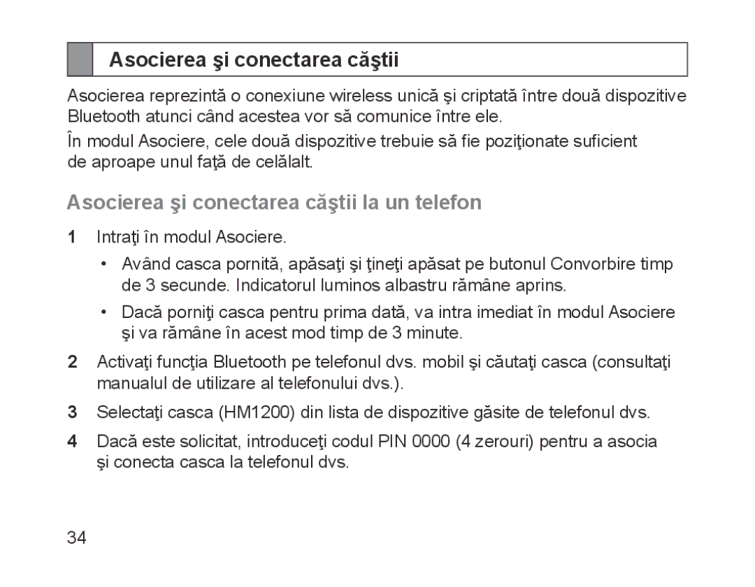 Samsung BHM1200EBEGXEF, BHM1200EBEGXET, BHM1200EBEGXEH, BHM1200EBEGEUR manual Asocierea şi conectarea căştii la un telefon 