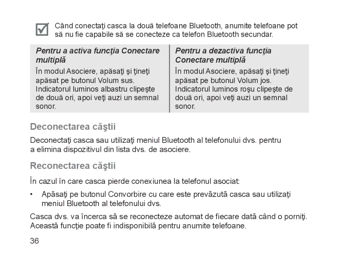 Samsung BHM1200EBEGXEH, BHM1200EBEGXEF, BHM1200EBEGXET, BHM1200EBEGEUR manual Deconectarea căştii, Reconectarea căştii 