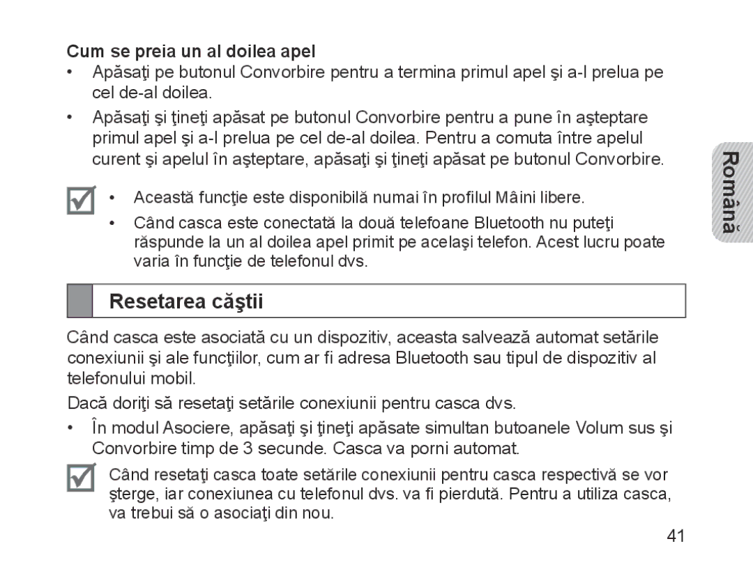 Samsung BHM1200EBEGHAT, BHM1200EBEGXEF, BHM1200EBEGXET, BHM1200EBEGXEH manual Resetarea căştii, Cum se preia un al doilea apel 