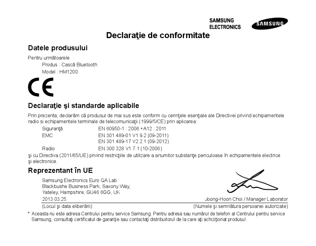 Samsung BHM1200NBEBHAT, BHM1200EBEGXEF Declaraţie de conformitate, Datele produsului, Declaraţie şi standarde aplicabile 