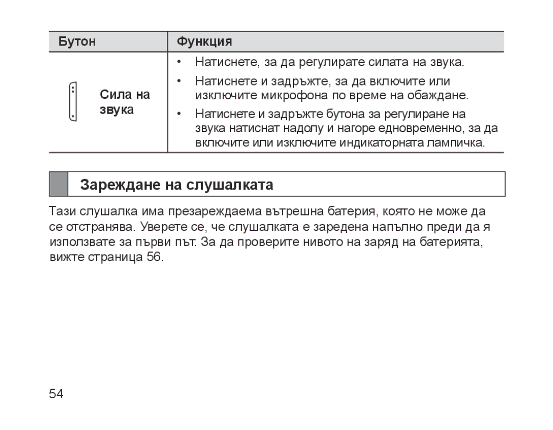 Samsung BHM1200EBEGXEH, BHM1200EBEGXEF, BHM1200EBEGXET manual Зареждане на слушалката, Бутон Функция, Сила на, Звука 